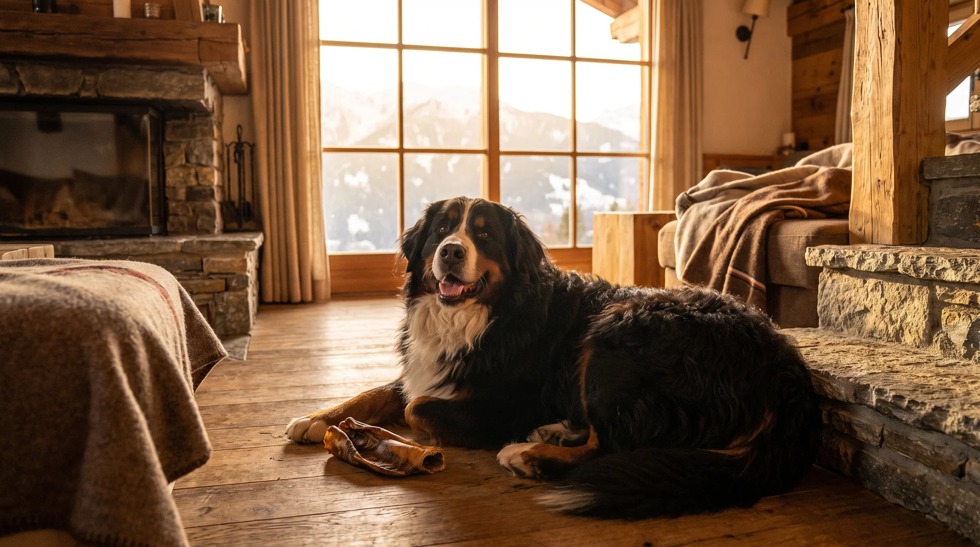 Glücklicher Berner Sennenhund entspannt mit einem AlpinePaw Büffelohr-Kauartikel in einer Alpenhütte