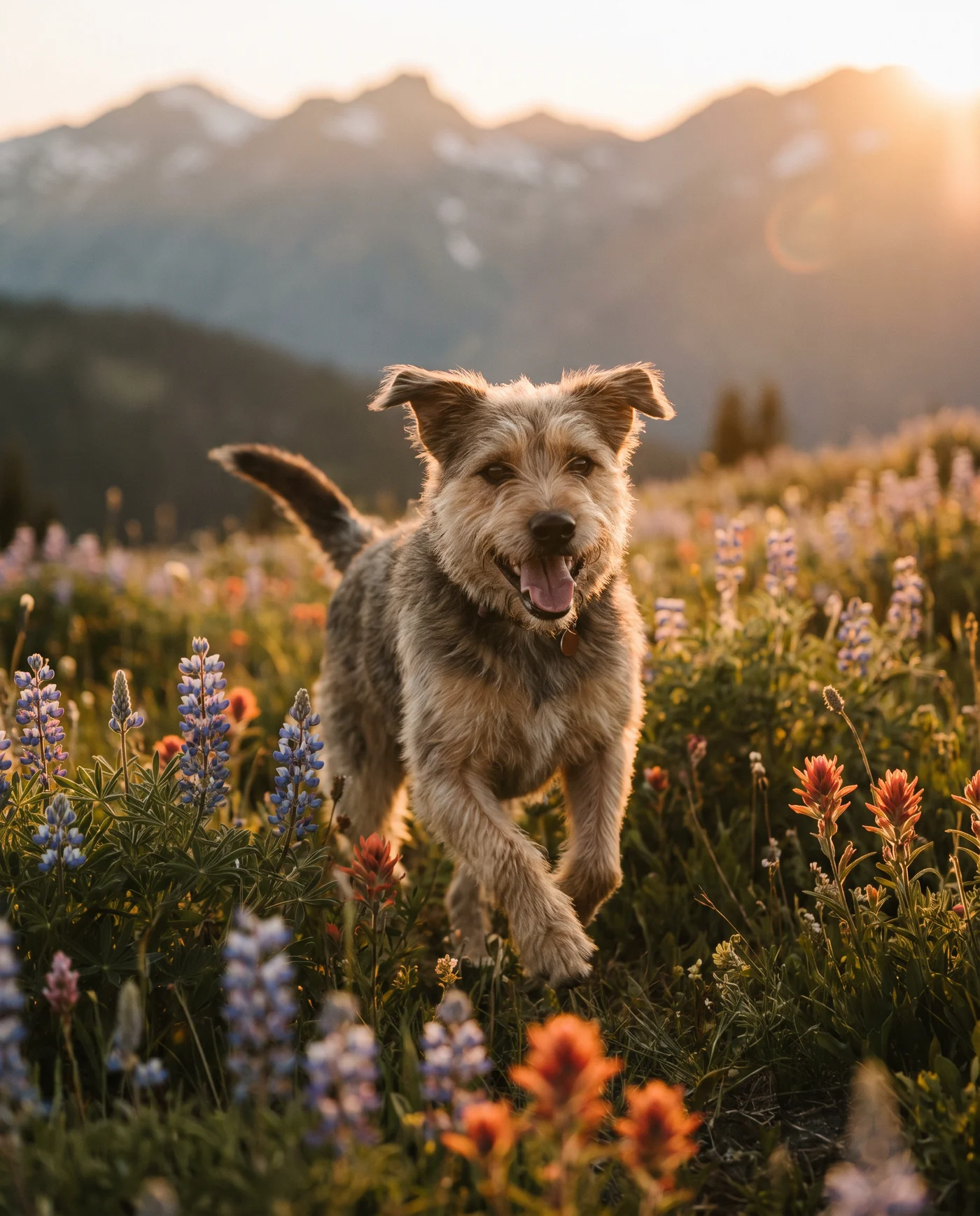 Fröhlicher Hund läuft durch eine blühende Alpenwiese