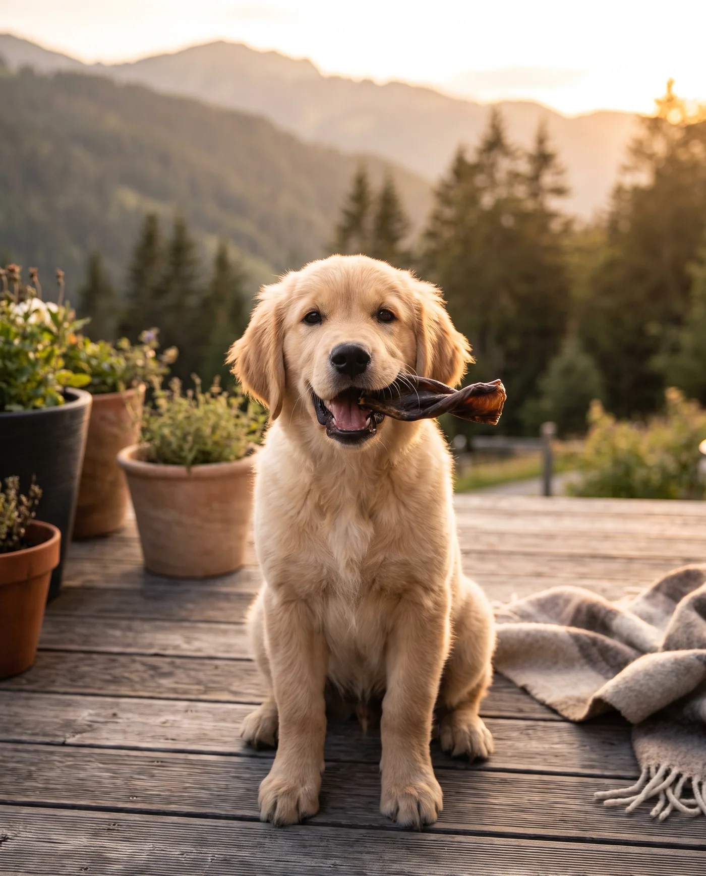 Golden Retriever Welpe genießt einen Büffelohr-Kauartikel auf einer Alpenterrasse